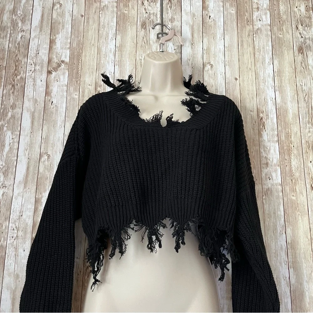 Black Frayed Knit Sweater Off Shoulder - Picture 4 of 8